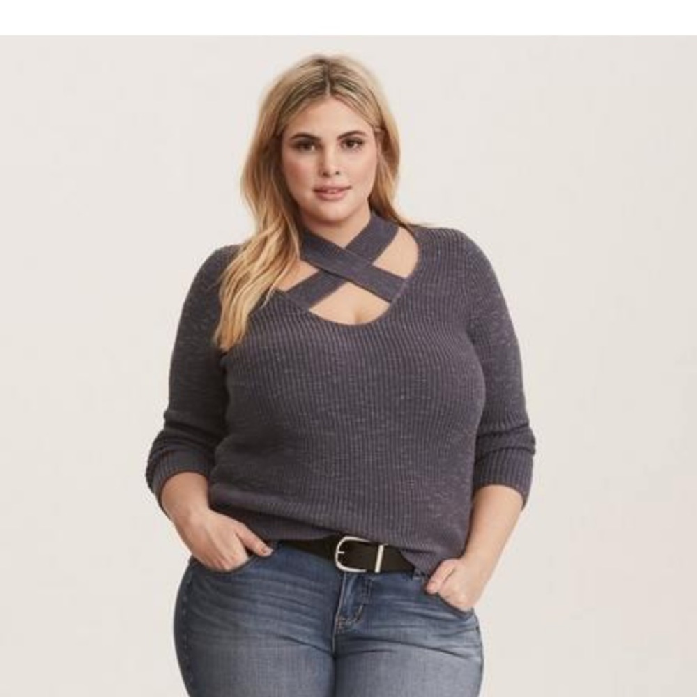 Torrid Size 1 Grey Cross Front Pullover Sweater NWT